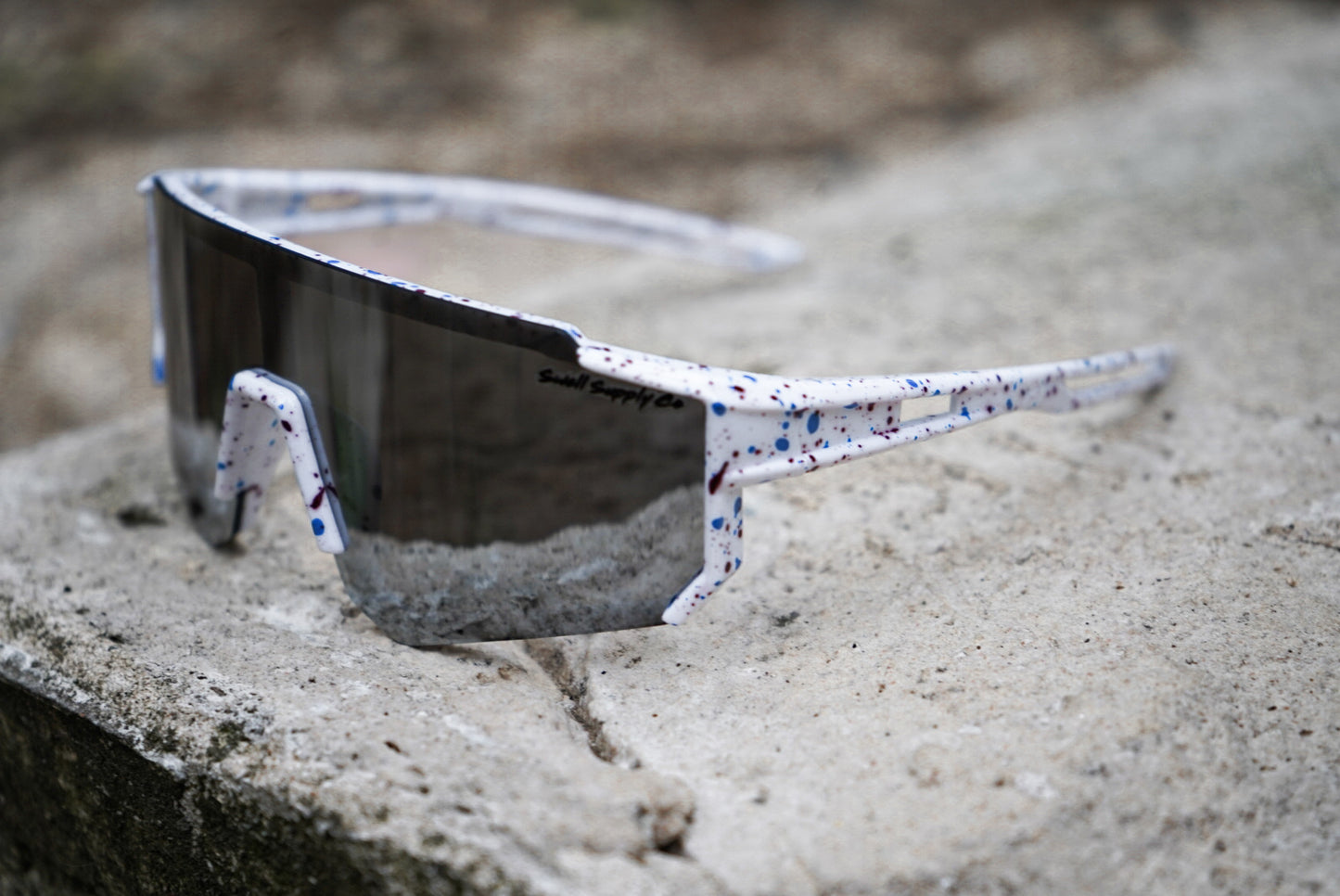 Kid’s white rimless sports sunnies with red & blue speckles (ages 2-9)