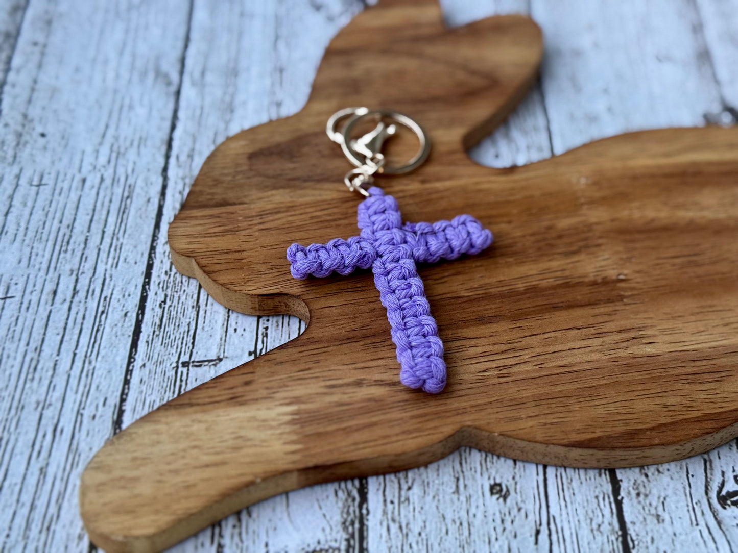 Macrame purple cross keychain