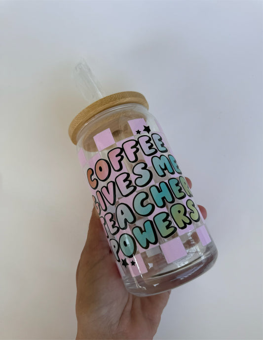 Teacher powers iced coffee tumbler w/ bamboo lid & straw