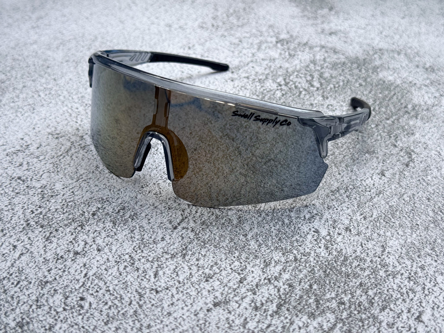Adult silver cycling sunnies w/ gold lens