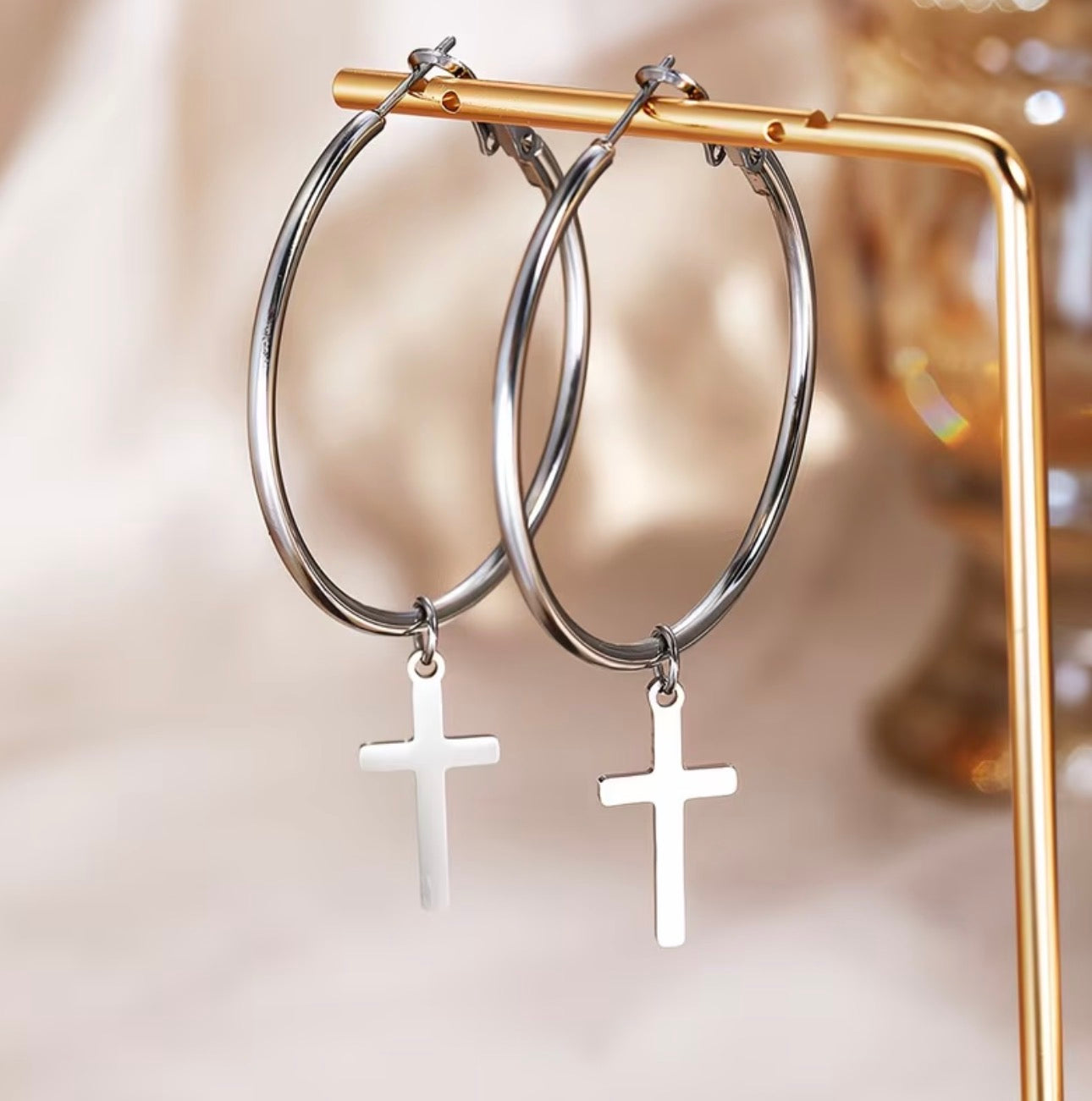Hypoallergenic bold cross hoops