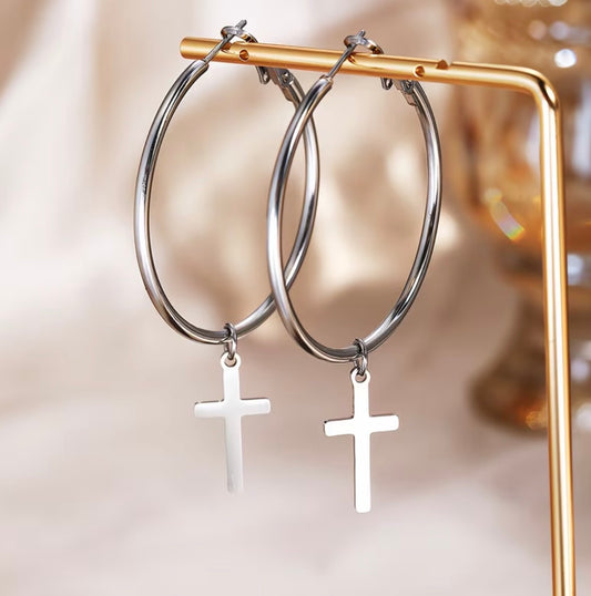 Hypoallergenic bold cross hoops