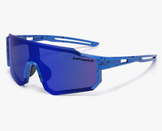 Adult blue speckled rimless mirrored sports sunglasses UV400