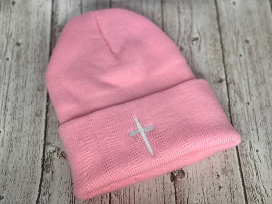 Adult or big kid pink cross beanie