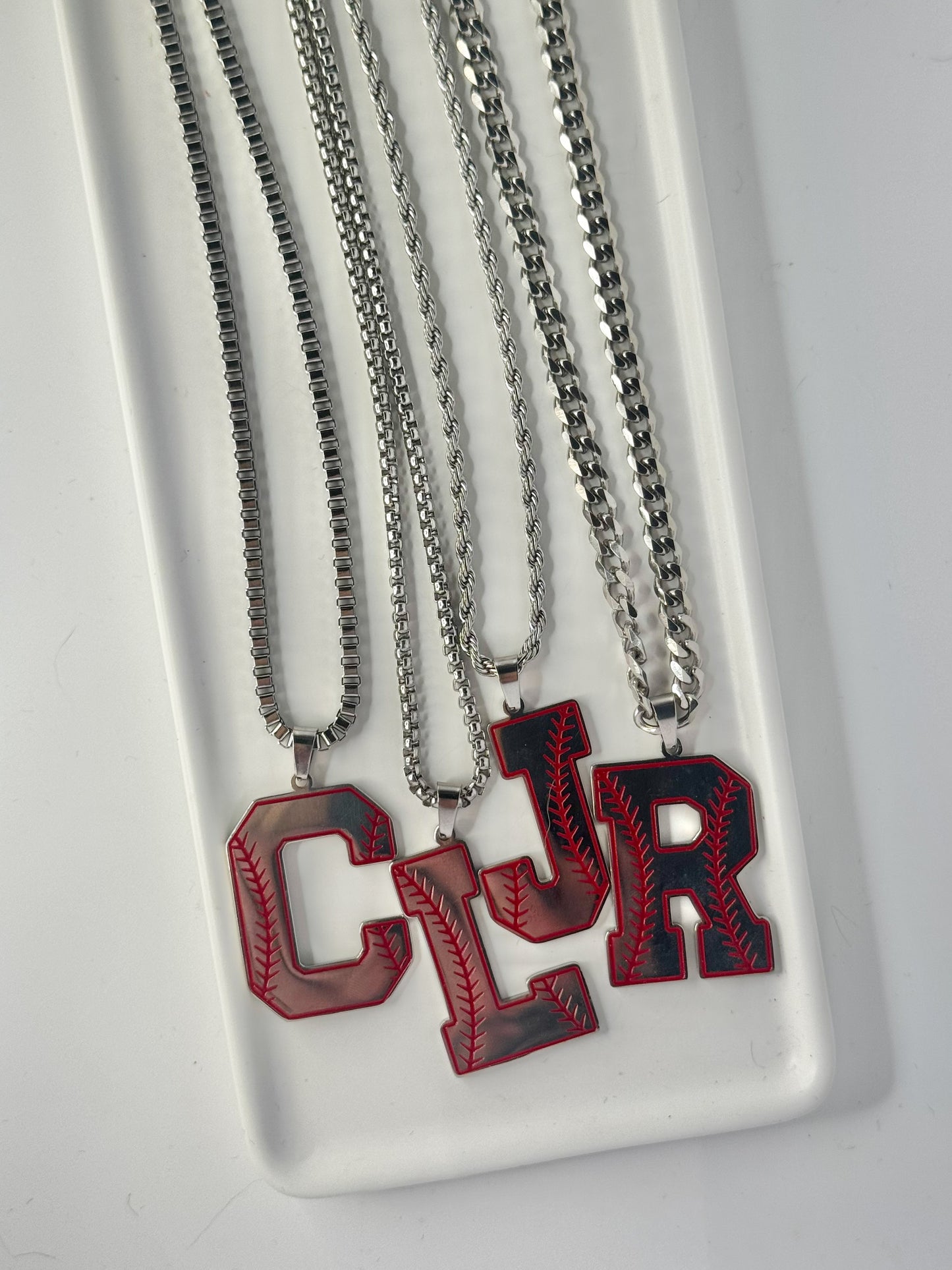 Chunkier Baseball initial necklace with red outline style #1