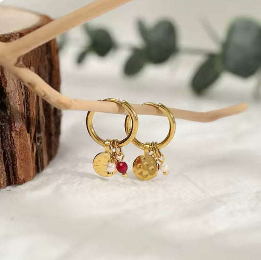 Red Jade 18k stainless steel hoops