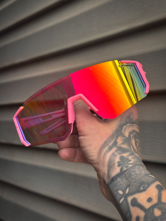 Adult pink speckled rimless mirrored sports sunglasses UV400