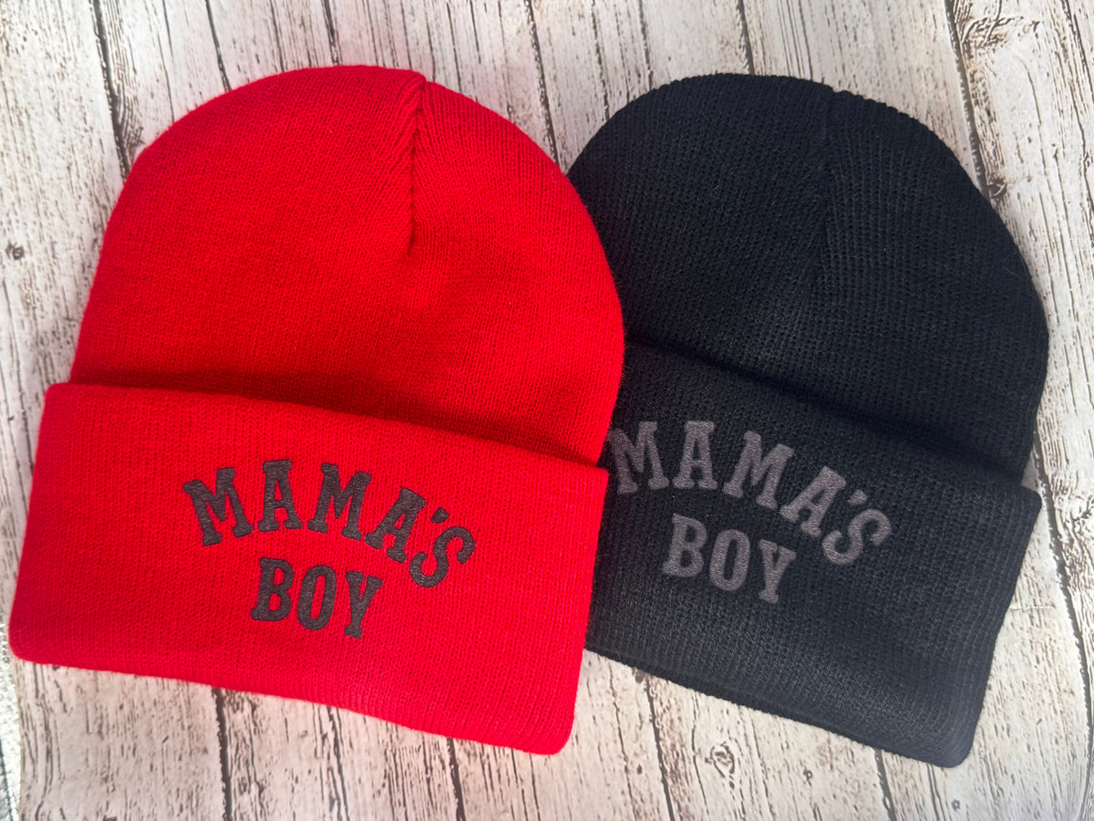 Big kid red or black “Mama’s boy” beanie