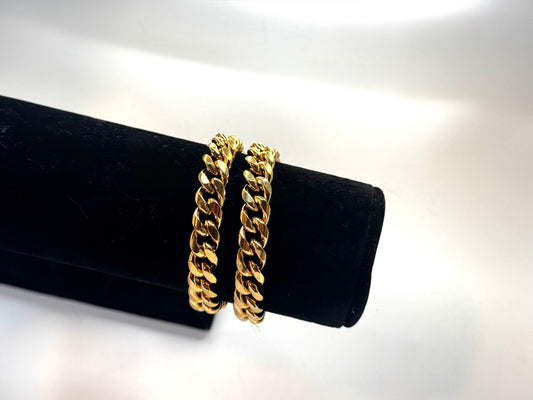 Adult stainless steel gold 10mm Miami link bracelet with box clasp (20, 22cm)