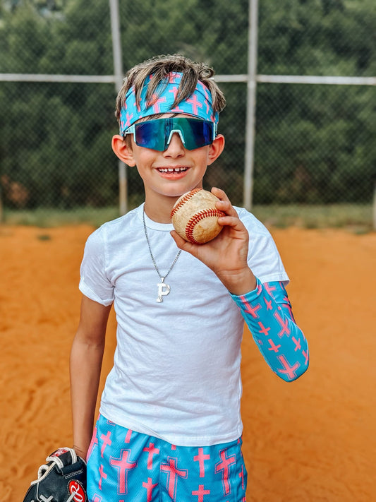 Kid’s blue rimless sports sunglasses with pink & white speckles (ages 2-9)