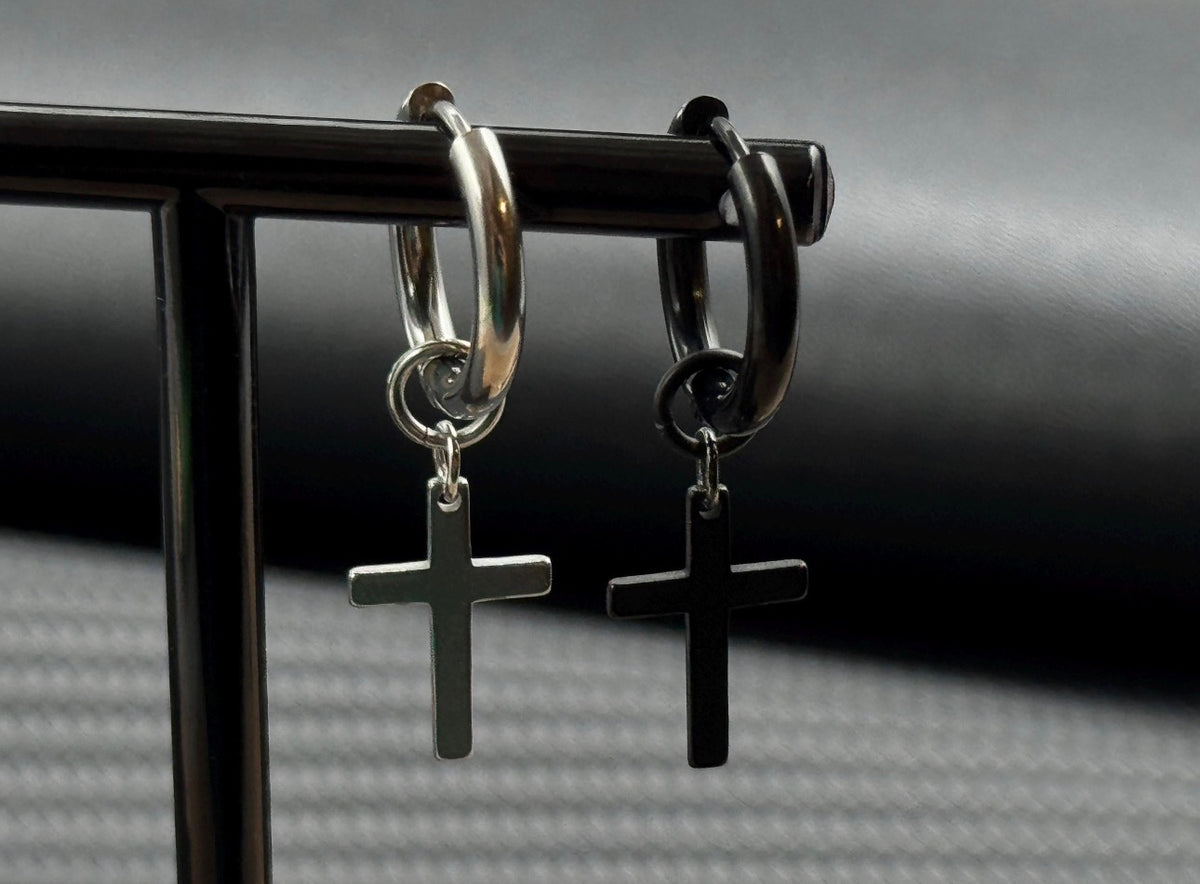 Hypoallergenic minimalistic cross huggie hoops