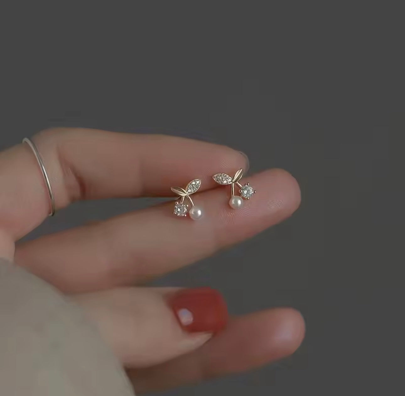 Dainty 18k golden cherry stud earrings