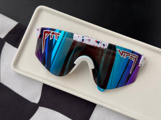 Youth mirrored white pit vipers w/ blue & red specks (age 9-14)