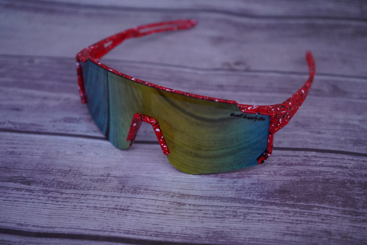 Kid’s red rimless sports sunglasses with black and white specks (age 2-9)