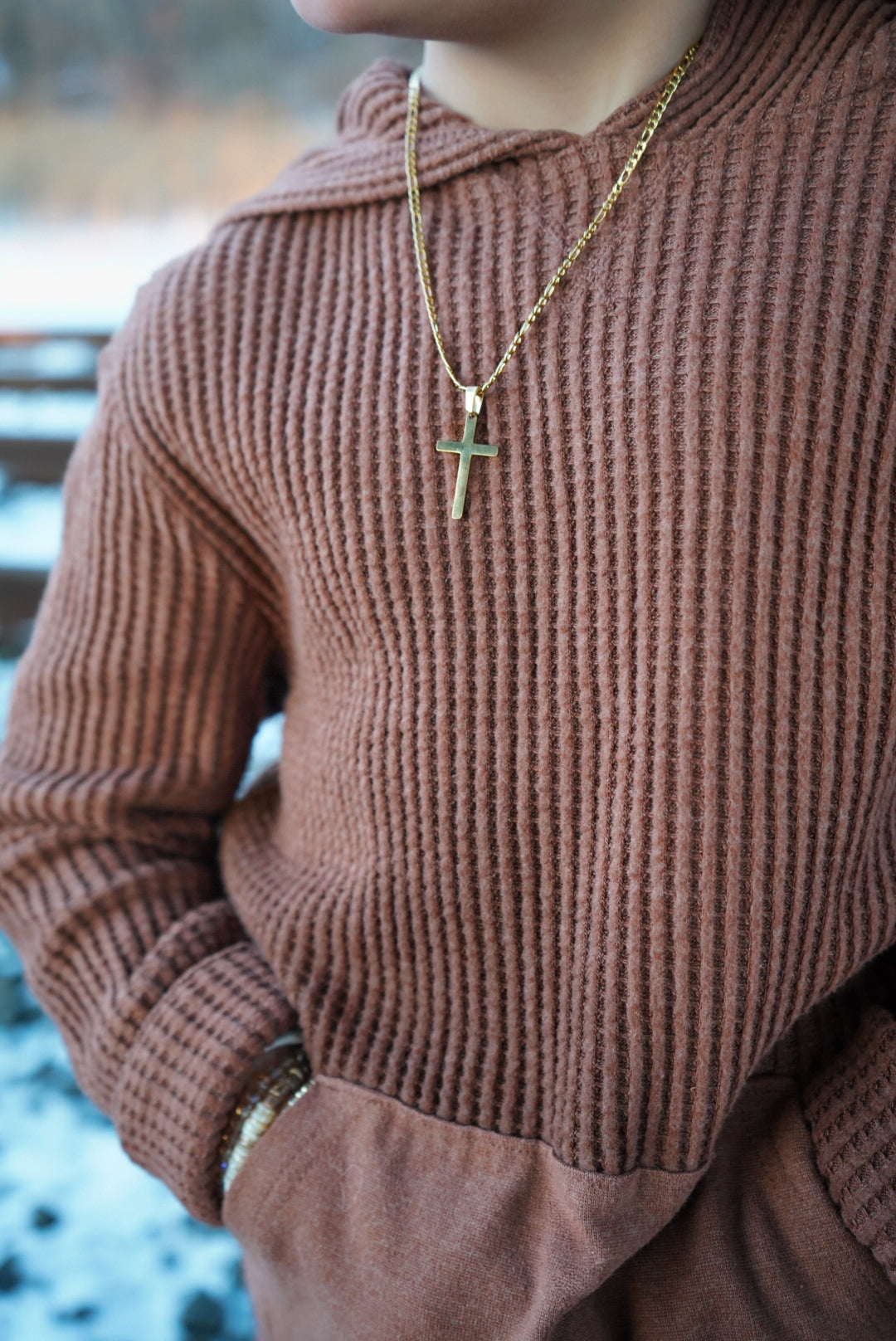 17mm cross (smaller) on 3mm stainless silver figaro (gold, black, or silver)