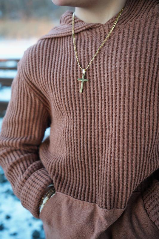 17mm cross (smaller) on 3mm stainless silver figaro (gold, black, or silver)