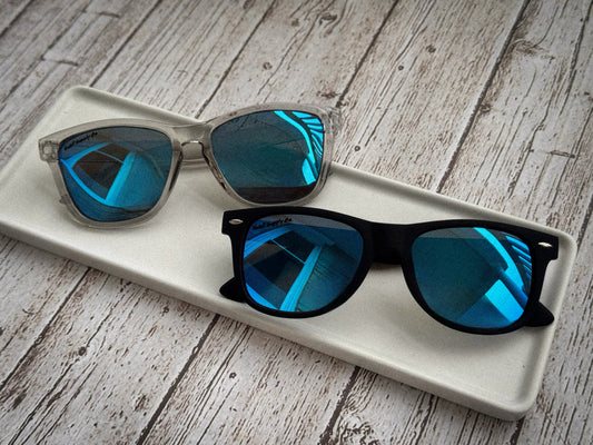 Adult polarized wayfarer sunglasses with blue lens