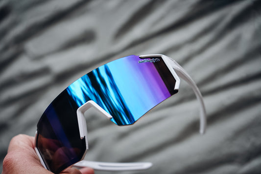 Adult white rimless mirrored sports sunglasses UV400 w/ blue lens