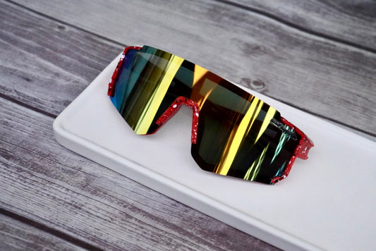 Kid’s red rimless sports sunglasses with black and white specks (age 2-9)