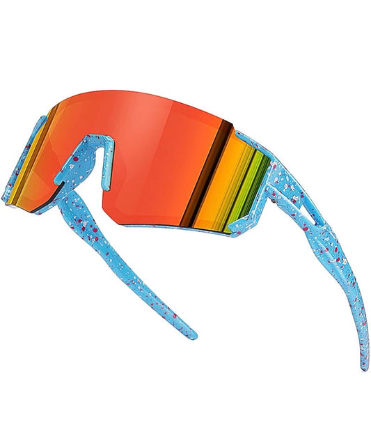 Kid’s blue rimless sports sunglasses with orange lens + pink/white speckles (ages 2-9)