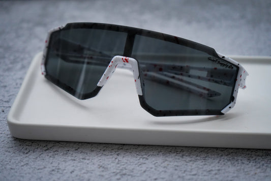 Large youth white rimless sports sunglasses w/ red & black speckles (age 9-14)