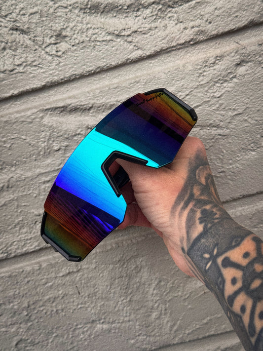 Adult black rimless rainbow mirrored sports sunglasses UV400