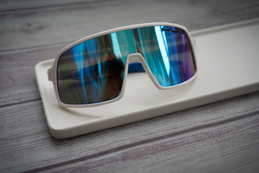 Large youth white mirrored cycling sunglasses UV400 w/ blue lens (ages 6-12)