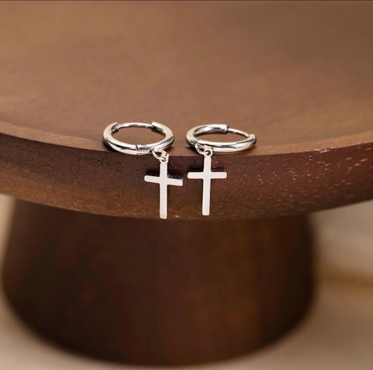 Hypoallergenic minimalistic cross huggie hoops