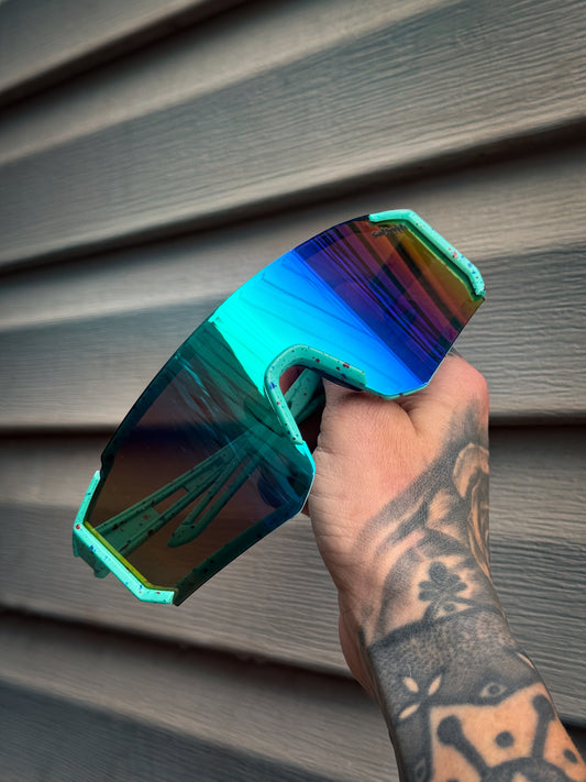 Adult teal speckled rimless mirrored sports sunglasses UV400