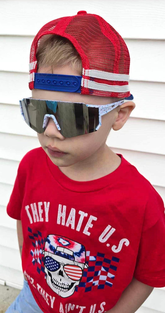 Kid’s white rimless sports sunnies with red & blue speckles (ages 2-9)