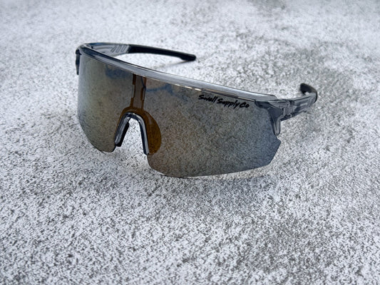 Adult silver cycling sunnies w/ gold lens