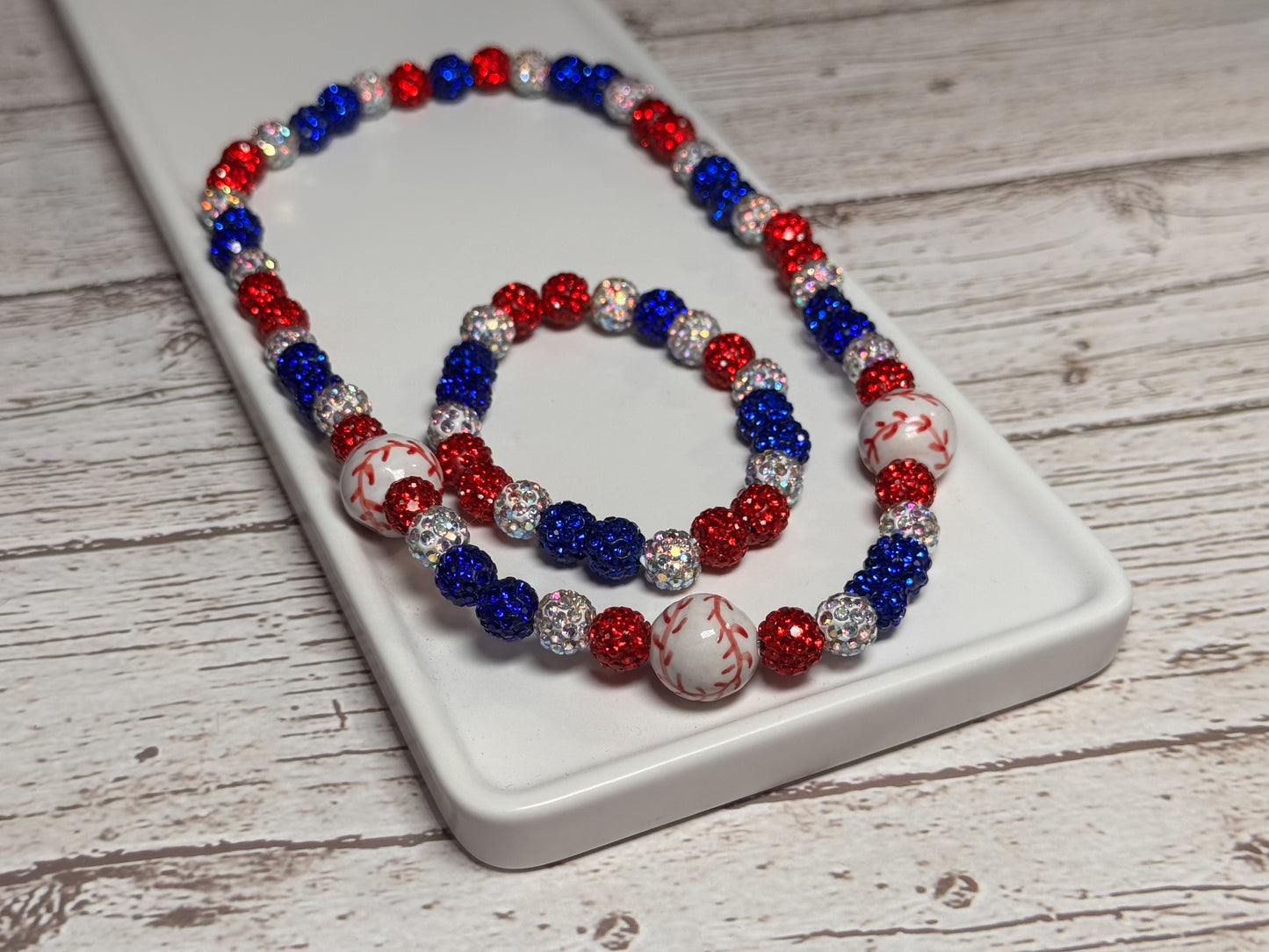 Patriotic rhinestone baseball necklace with baseballs
