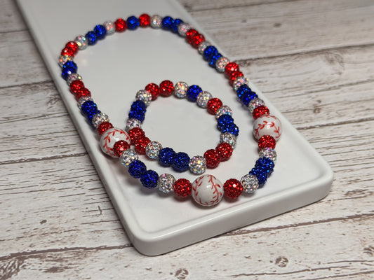 Patriotic rhinestone baseball necklace with baseballs