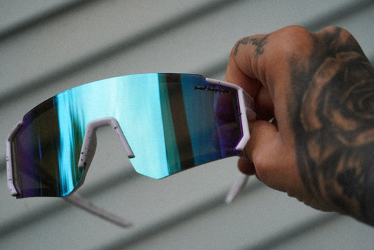 Large youth white rimless blue mirrored sports sunglasses w/ black speckles (age 9-14)