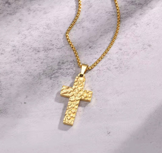 Gold stainless hammered textured cross on choice of chain