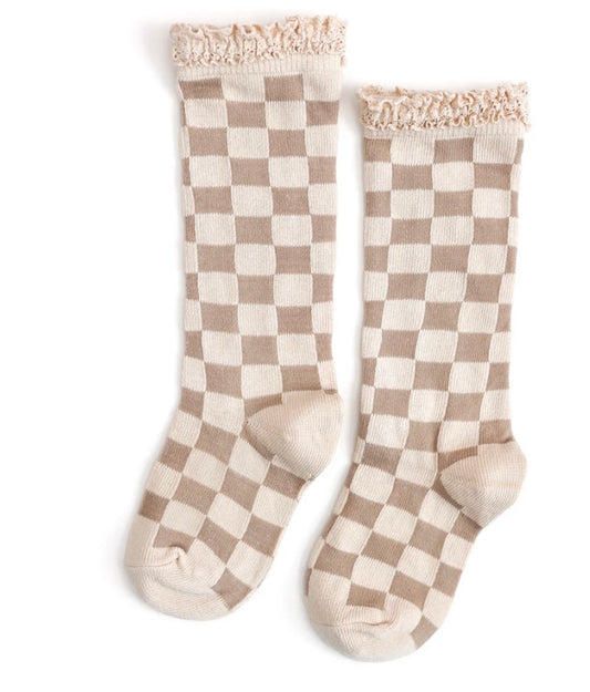 Little Stocking Co lace top knee high socks 0-6m vanilla/oat