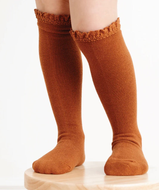 Little Stocking Co lace top knee high socks 6-12m sugar almond