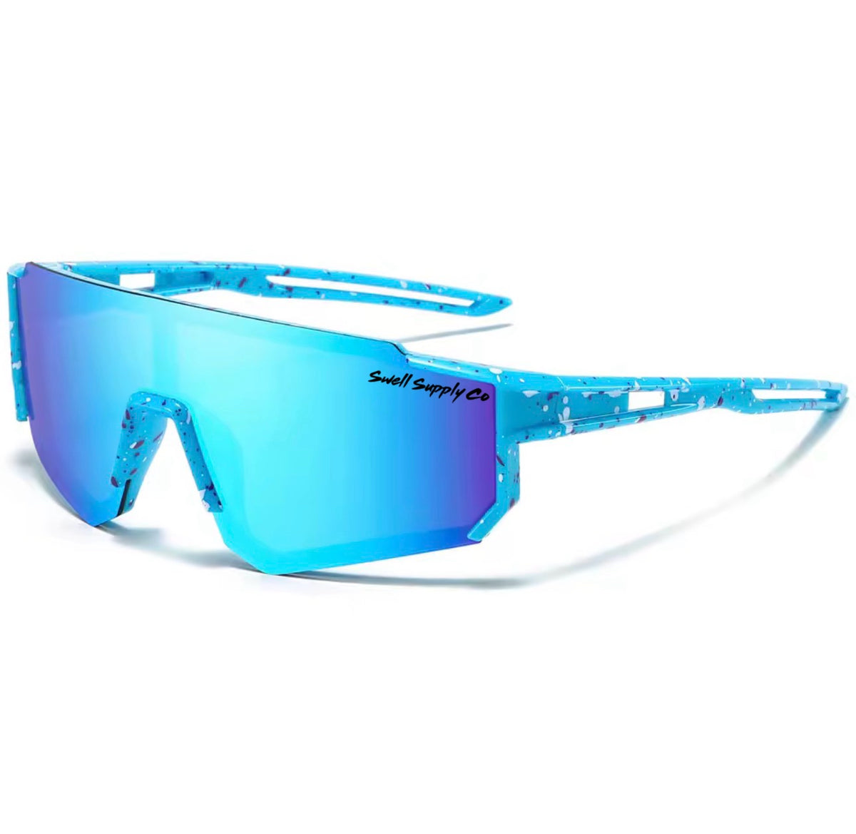 Large youth blue rimless mirrored sports sunglasses w/ red & white speckles (age 9-14)