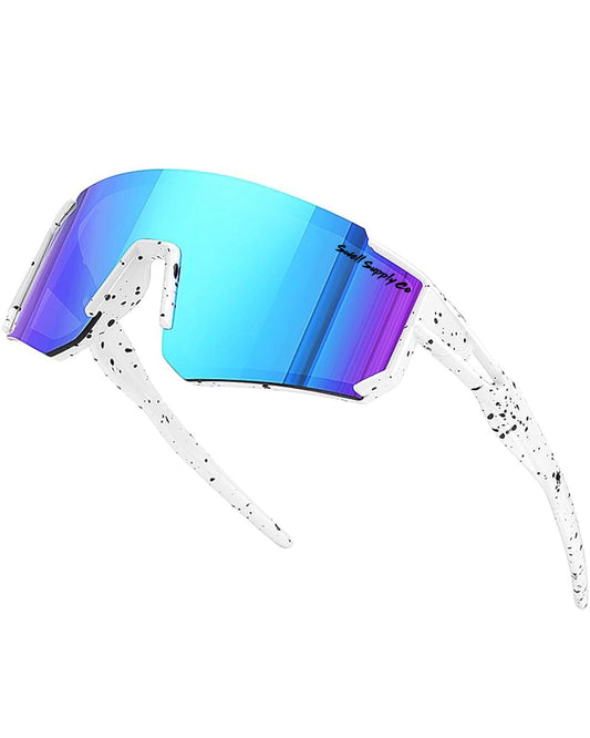 Large youth white rimless mirrored sports sunglasses w/ black speckles (age 9-14)