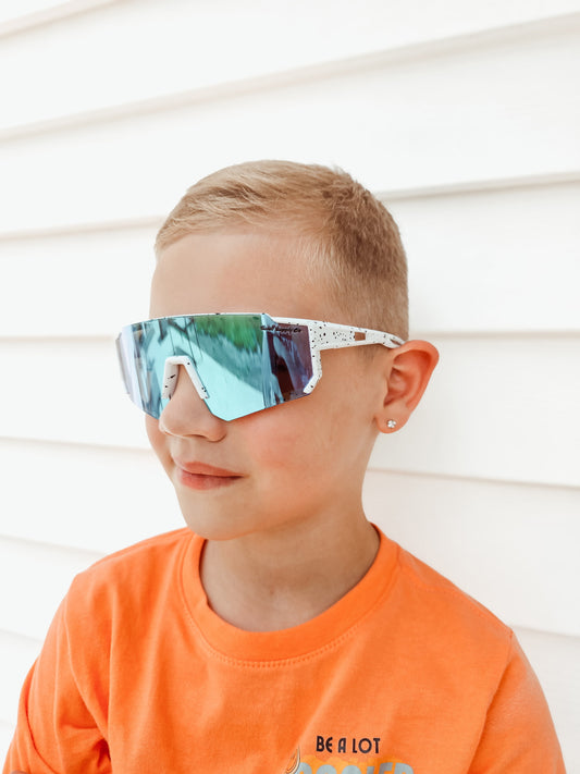 White rimless sports sunnies w/ blue mirroring & black specks (age 2-9)