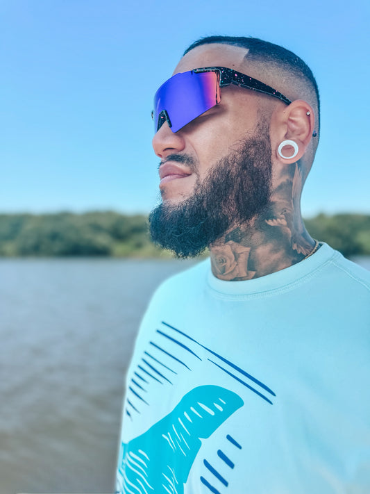 Adult black sports sunnies w/ pink & blue specks