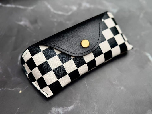 Checkered leather sunglass pouch
