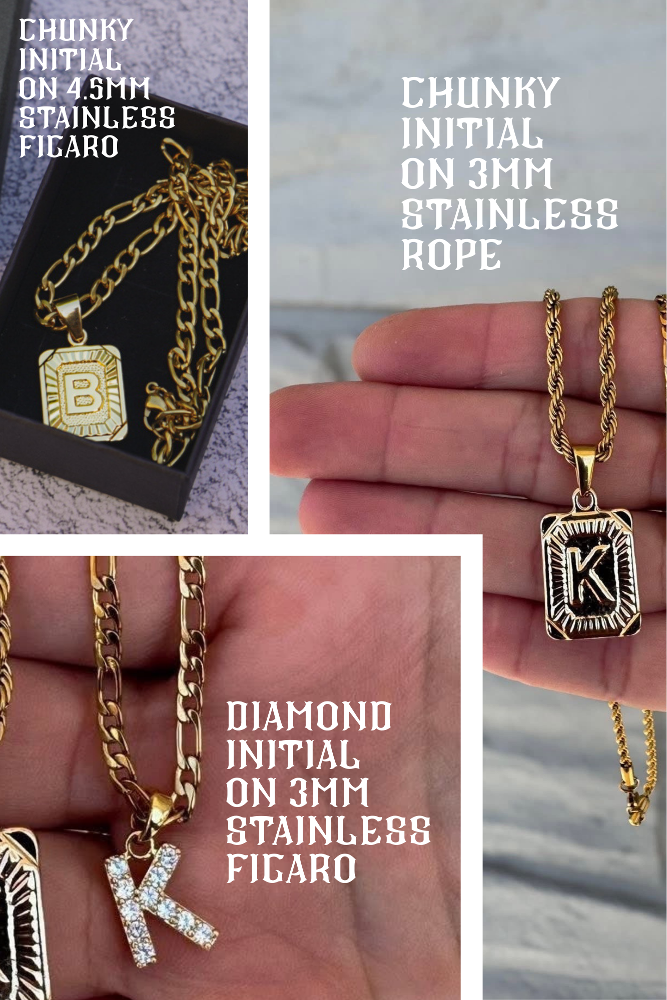 Diamond initial on 4mm stainless steel gold figaro necklace