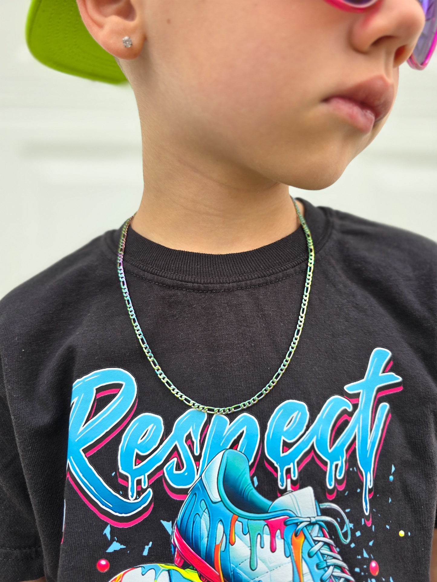 Oil slick stainless figaro chain